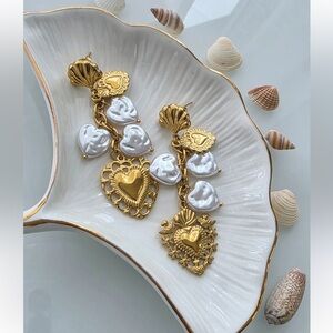 Anthropologie Gold and Cream Heart Earrings